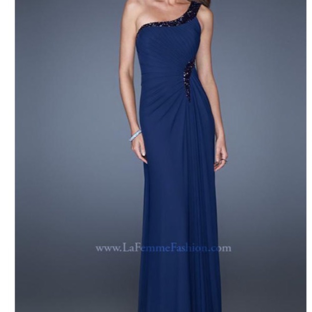 La Femme Navy Blue 1 Shoulder BallGown/Prom Dress